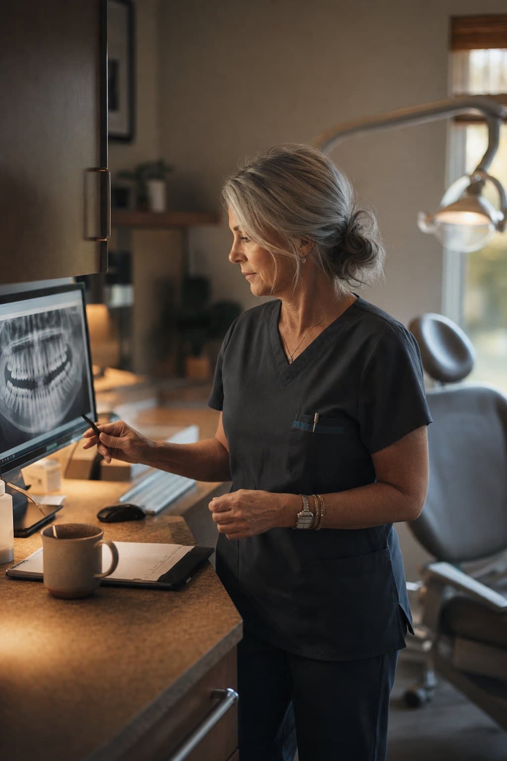 A dental assistant at a monitor, reviewing an x-ray in a quiet operatory