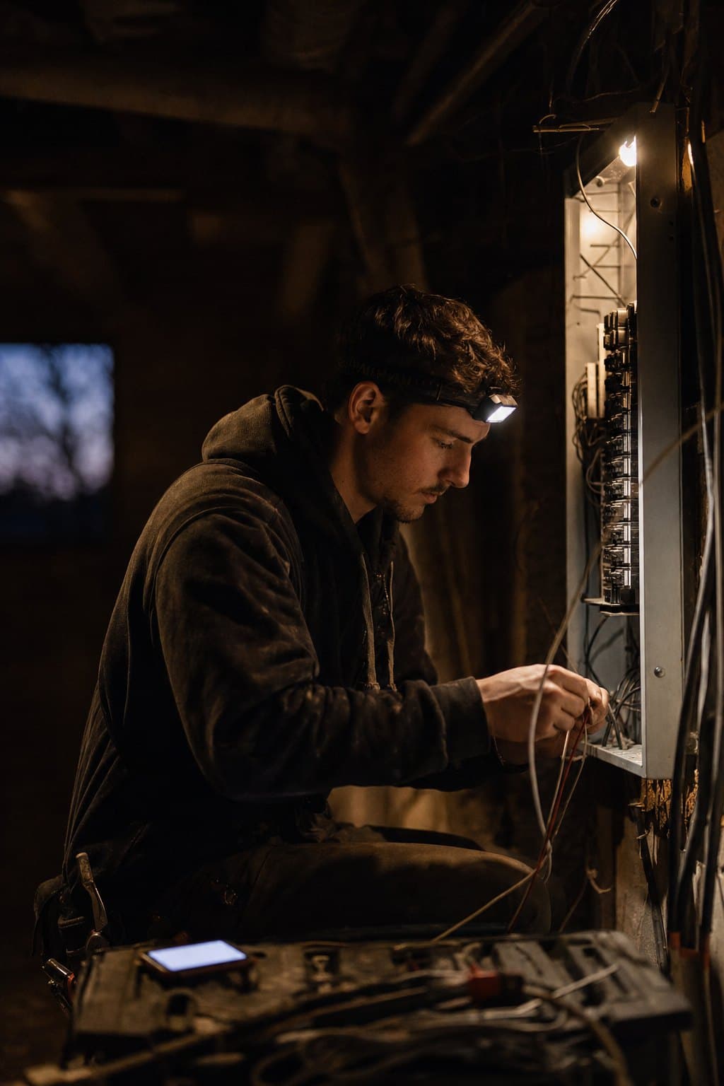 An electrician with a headlamp working in an open breaker panel in a dark basement