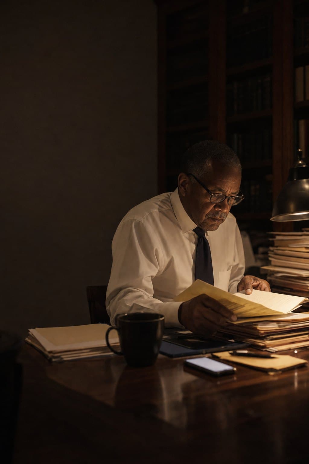 An attorney reading a case file at his desk at night, a lamp and a stack of papers beside him