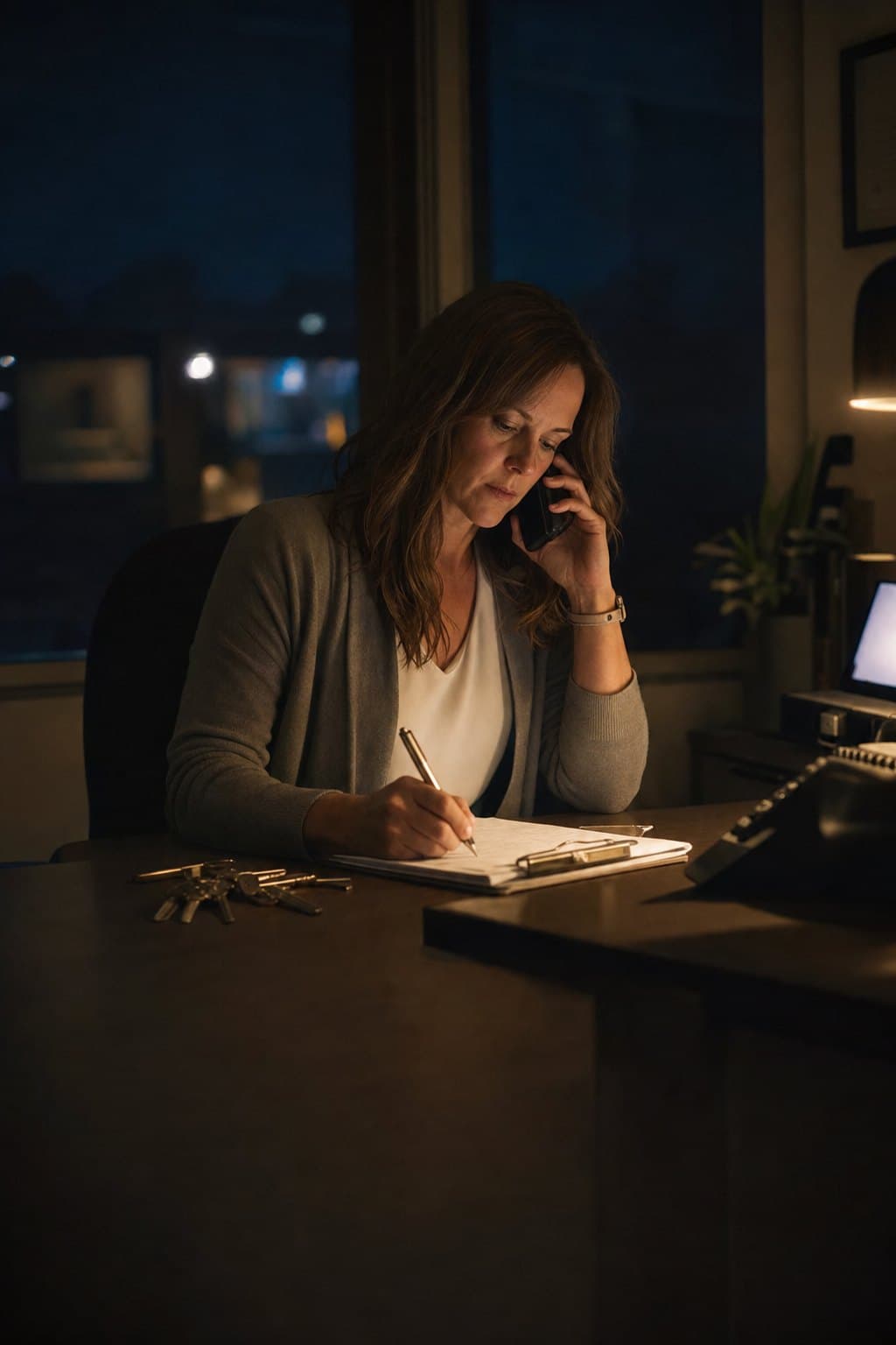 A property manager on the phone at her desk at night, writing on a notepad, keys beside her
