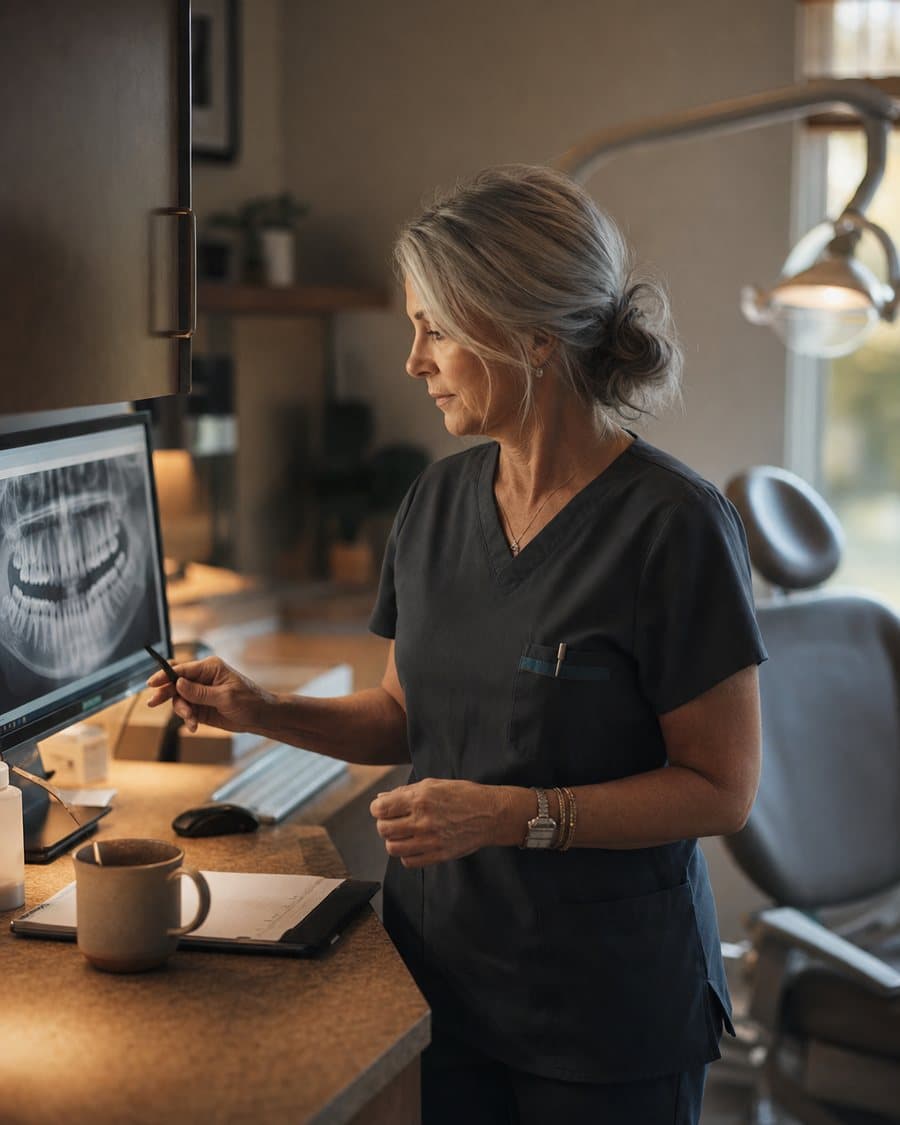 A dentist reviewing an x-ray before the first patient, in early warm light