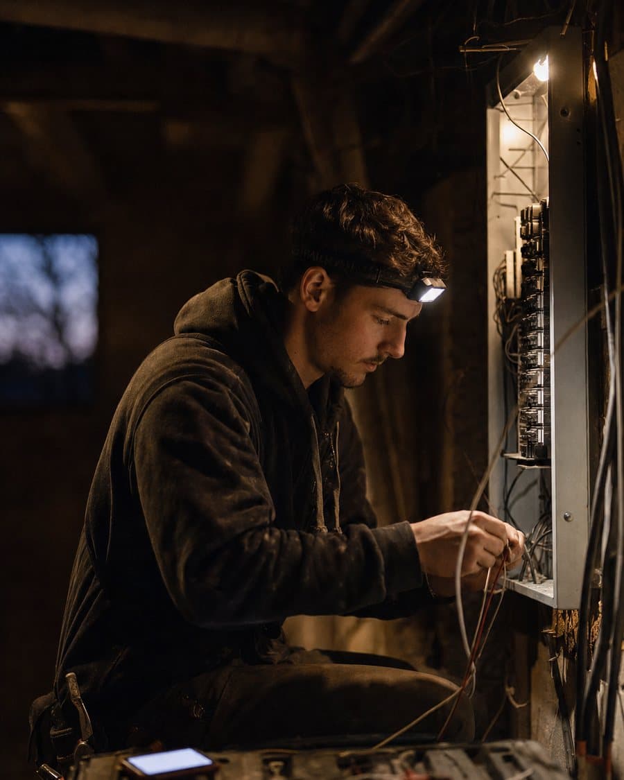 An electrician with a headlamp working in an open breaker panel at dusk