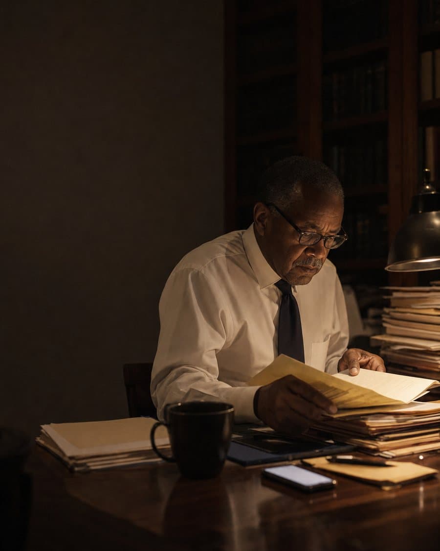 An attorney reading a case file under a desk lamp in the evening