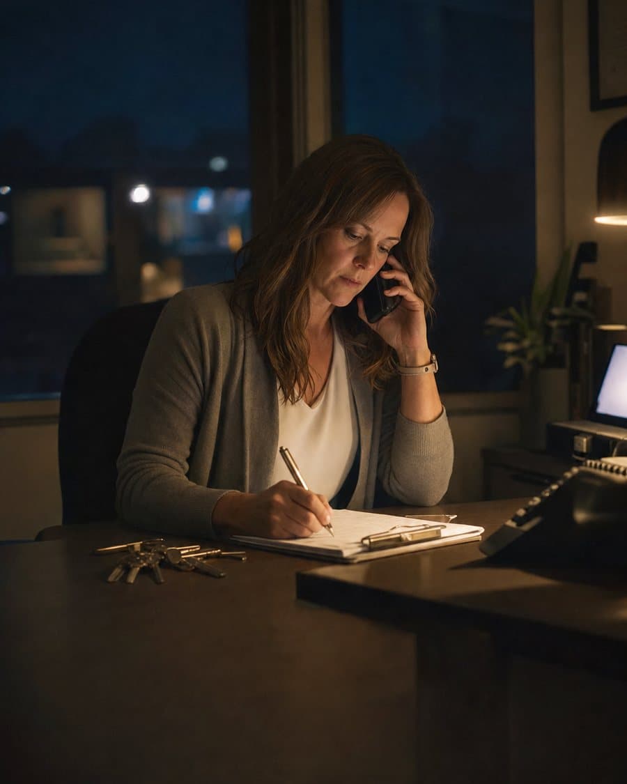 A property manager on a call at her desk at night